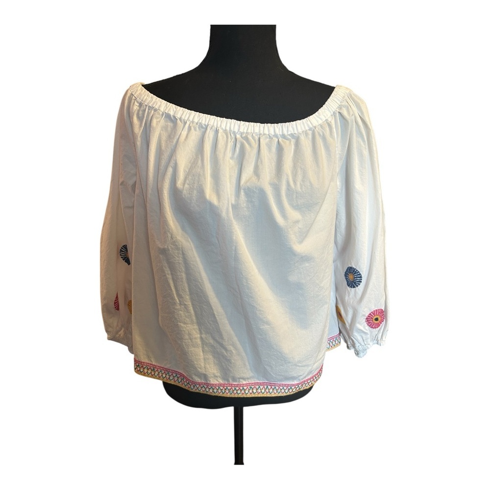 Madewell Women White Off-Shoulder Top Embroidered Flower Detail Size Medium